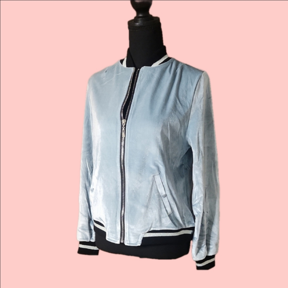 NWT Shug! Light Blue Velvet Bomber Jacket, size Small